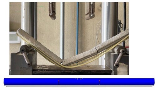 Figure 22. The failure of reinforced filament in experimental conditions (top) and FEM simulation (bottom).