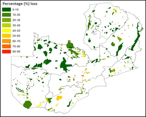 Figure 6. The level of agricultural expansion in forest reserves across Zambia present in percentage.