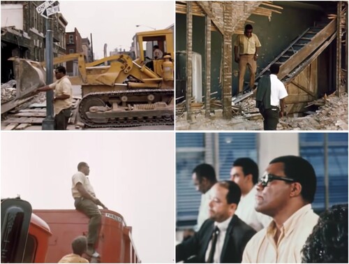 Figure 4. Film stills from What Is The City But The People? depicting demolition company owner Joe White at work in the Central Brooklyn Model Cities target area and in night classes paid for by the program. Source: John Peer Nugent and Gordon Hyatt, New York City Department of Planning, 1969.