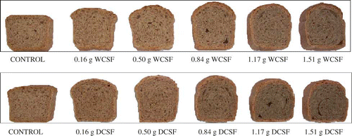 Figure 1 Wheat bran breads containing different levels (g/100 g bread) of CSP (WCSF, DCSF). (Figure provided in color online.)