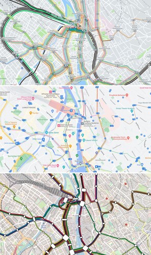 Figure 1. The tram network of Zurich on the transit overlay of HERE Maps (top), on Google Maps (middle), and on our geographically correct map rendered from raw OpenStreetMap data (bottom).