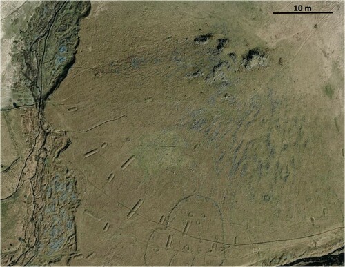 Figure 18. Google Earth aerial image of Legis Tor and its associated blockslope features on its western and southern slopes. This illustrates lateral boulder berms on either sides of narrow and long treads, which appear as boulder stripes on upper slopes and vegetated stripes with occasional surface boulders on lower slopes. Other features representative of all the study sites are human archaeological and cultural remains such as walled enclosures, hut circles, pillow mounds (rabbit warrens), and channelled hummocky topography indicative of tinning activity in the Legis Lake valley to the left of the image.