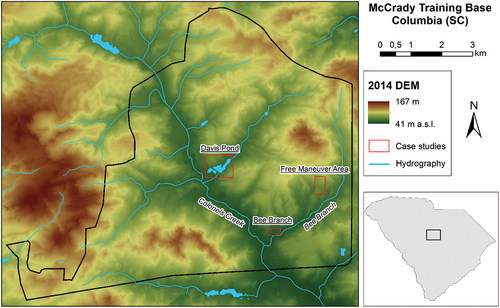 Figure 1. McCrady Study area for research project showing DEM and major hydrography. The three case studies mentioned in the text are also shown.