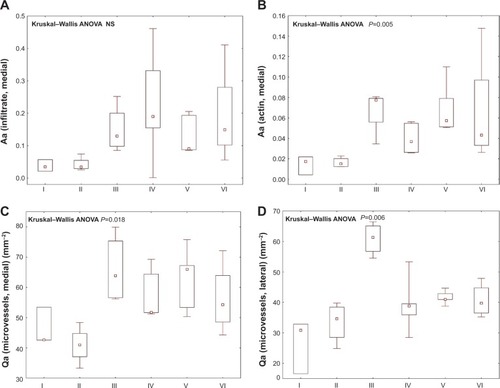 Figure 8A–D Quantitative histological results.Notes: (A) Inflammatory infiltrate in the medial healing incision in group I (suture only), II (PP mesh), III (PP mesh functionalized with PCL nanofibers enriched with adhered GF), IV (PCL nanofibers enriched with adhered GF), V (PP mesh functionalized with PCL nanofibers), and VI (PCL nanofibers alone). (B) Fraction of α-smooth-muscle actin-positive vascular smooth-muscle cells and myofibroblasts in the medial healing incision in groups I–VI. (C) Density of microvessel profiles in medial healing incisions in groups I–VI. (D) Density of microvessel profiles in the abdominal wall 20 mm lateral from the incision in groups I–VI. Data are presented as medians with boxes spanning the upper limits of the first and third quartiles and with whiskers spanning the minimum and maximum values for each group. P-values of Kruskal–Wallis analysis of variance (ANOVA) show differences among groups under study.Abbreviations: PP, polypropylene; PCL, poly-ε-caprolactone; GF, growth factor; Aa, area fraction; Qa, section area.