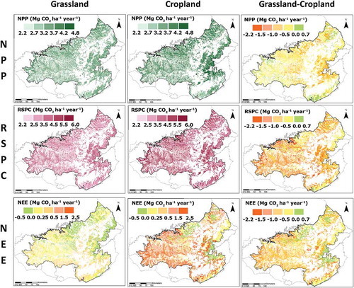 Figure 6. Maps of EPIC simulations over a period of 15 years (1996–2015) of average yearly carbon fluxes of net primary productivity (NPP), heterotrophic soil respiration (RSPC) and net ecosystem exchange (NEE) of Grassland, Cropland and Grassland minus Cropland