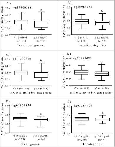 Figure 2. Tenth, 25th, 50th, 75th, and 90th percentiles of methylation levels (beta values) at ER regulatory genes by categories of insulin, HOMA-IR and triglycerides after adjustments for age and sex in subjects with excessive weight. (A) cg17300868, NFE2L2 (B) cg20964082, ERO1LB (C) cg17300868, NFE2L2 (D) cg20964082, ERO1LB (E) cg05801879, MBTPS1 (F) cg03384128, EIF2AK4. a p < 0.0001. b p < 0.05.