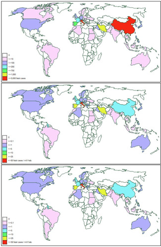 Figure 2 Global Covid-19 fatality point prevalence (top), incidence per million population (middle), and case fatality rate (bottom). Countries with less than 20 confirmed Covid-19 cases were excluded from the case fatality rate analysis due to poor estimate precision. Data current as of March 17, 2020.