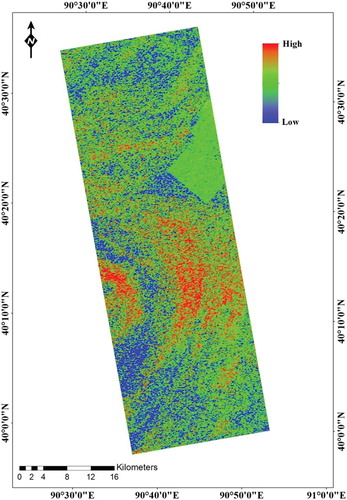Figure 6. Subsurface sodium content distribution map of Lop Nur. Color changes from red to blue imply a sodium content change from high to low. It was found that the sodium content along the same strip changed, and the phenomenon is called ‘same strip, different sediments’.