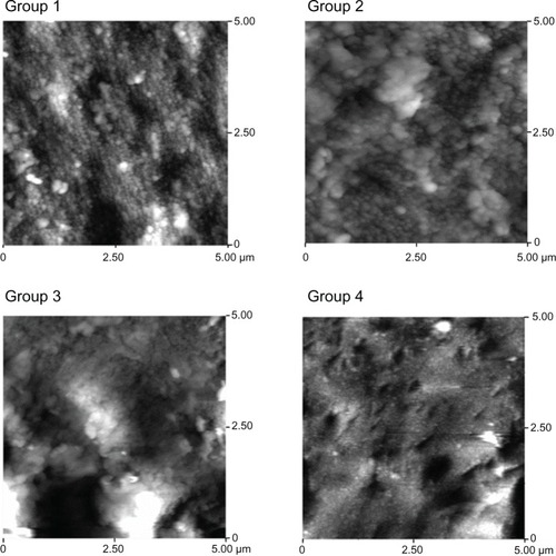 Figure 3 AFM images of the surface roughness of the four groups: mechanically polished titanium sheet (group 1), acid-etched titanium sheet (group 2), TiO2 nanotube arrays anodized at 20 V (group 3), and TiO2 nanotube arrays anodized at 10 V (group 4).Abbreviations: AFM, atomic force microscopy; TiO2, titanium oxide.