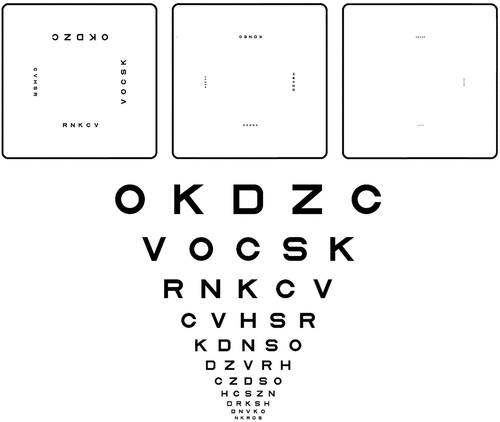 Figure 2. (Top) chart set 1 (of 3) for the Acuidrive device, (bottom) chart 1 (of 3) for the ETDRS test.