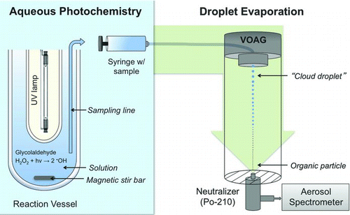 FIG. 1 Experimental setup for aqueous photooxidation and droplet evaporation. Reaction samples were also analyzed by ion chromatography (IC), electrospray ionization mass spectrometry (ESI-MS), IC ESI-MS, and for total organic carbon (TOC). (Color figure available online.)