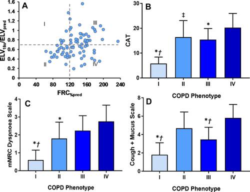 Figure 6 (A) Scatterplot of ELV180/ELVpred vs FRC%pred for COPD patients. Patient data has been additionally categorised into quadrants (“COPD phenotype” I–IV) using the conventionally accepted threshold of lung hyperinflation (FRCpleth%pred = 120%),Citation28 and the lower boundary of normality for ELV180/ELVpred (ie, 2 Z-scores below mean ELV180/ELVpred in healthy participants ≈ 0.7)/Quadrant I, FRC%pleth <120% and ELV180/ELVpred ≥ 0.7; II, FRC%pleth <120% and ELV180/ELVpred < 0.7; III, FRC%pleth ≥120% and ELV180/ELVpred ≥ 0.7; IV, FRC%pleth ≥120% and ELV180/ELVpred < 0.7. See Figure 5 and text for further details. (B–D) Bar charts of the mean (±SD) CAT, mMRC Dyspnoea, and Cough + Mucus scores for each phenotype (I–IV). *Statistical significant difference (P<0.05) from COPD phenotype III. †Statistical significant difference (P<0.05) from COPD phenotype II. ‡Near statistical difference (P=0.09) with COPD phenotype IV.