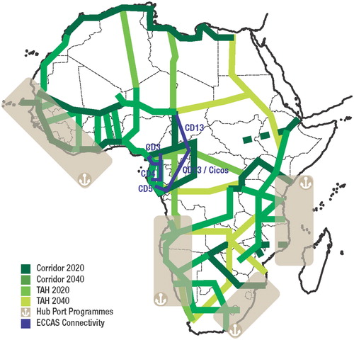 Figure 1. PIDA’s transport network plan (PIDA, Citation2012). [TAH: Trans-African Highway].