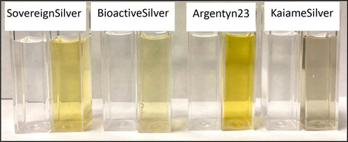 Figure 5 Images of Sovereign Silver (sample#1), Kaiame Silver (sample #4), Bio-active Silver Sol (sample#5), and Argentyn23 (sample#6) before and after the addition of sodium borohydride.