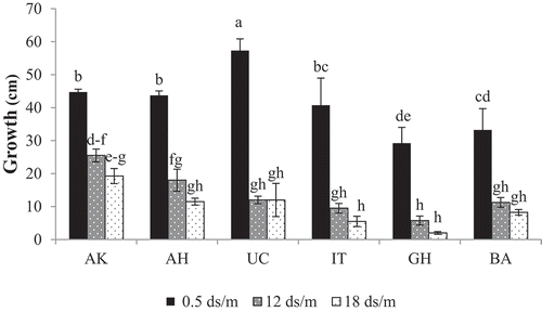 Figure 2. The effects of different salinity treatments on growth rate of the genotypes tested, AK: ʽAkbariʼ, AH: ʽAhmad-Aghaiʼ, IT: ʽItalyayiʼ, GH: ʽGhazviniʼ, BA: ʽBadamiʼ. Means with the same letter(s) are not significantly different at 5% level using DMRT and error bars are Standard Errors