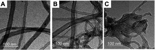 Figure 4 TEM micrographs of (A) CNTs, (B) CNTs-1aand (C) CNTs-2a.Abbreviations: CNTs, carbon nanotubes; TEM, transmission electron microscopy.