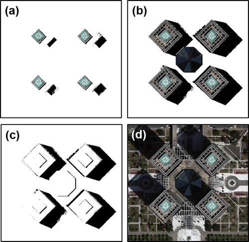 Figure 9. True orthoimage generation process of GCD (occlusion area: black). (a) Image patches and occlusion areas by superstructures. (b) Image patches and occlusion areas by building roof and superstructures. (c) Occlusion areas. (d) Final true orthoimage.