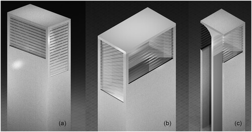 Figure 1. Three-dimensional representation of a proposed wind catcher design with operable louvres closed (a), open (b) and cross section showing internal partitions (c).