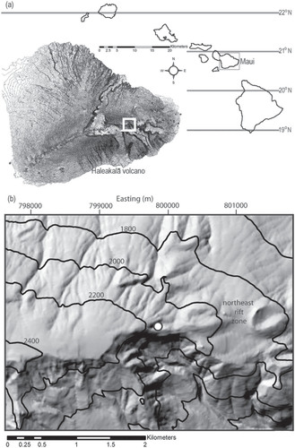 FIGURE 1. (a) Regional location of the study site on Haleakalā volcano, on the Hawaiian Island of Maui. (b) Location of Wai'ānapanapa within the northeast rift zone at high elevation on windward Haleakalā, with easting in meters from the UTM coordinate system (NAD83, UTM Zone 4).