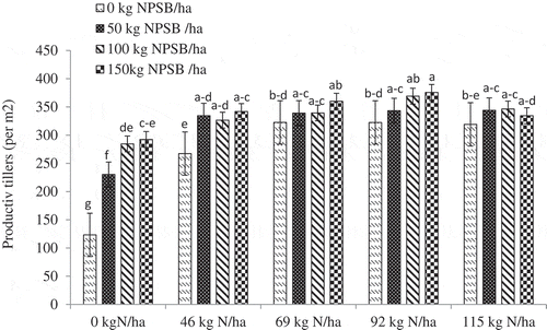 Figure 3. Interaction effect of blended NPSB and N fertilizers on productive tillers of durum wheat combined in 2017–2019. a–d = abcd; b–d = bcd, etc.