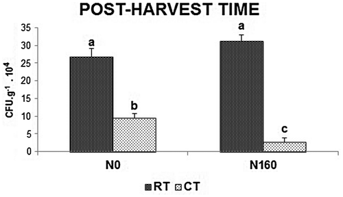 Figure 3. Mean values of CFU for the Ox-A medium at post-harvest. Tukey’s test to compare the tillage system × fertilization interaction. RT-N0: reduced tillage × 0 kg nitrogen ha−1; RT-N160: reduced tillage × 160 kg nitrogen ha−1; CT-N0: conventional tillage × 0 kg nitrogen ha−1; CT-N160: conventional tillage × 160 kg nitrogen ha−1.