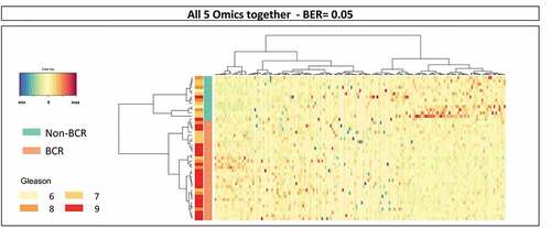 Figure 2. Results of sPLS-DA of the combined omics datasets from TCGA PRAD. Following the sPLS-DA of individual omics datasets, we merged those features into one single set of data and performed a general sPLS-DA analysis. This resulted in an almost perfect prediction of BCR with a BER of 0.05