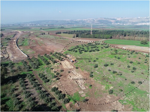 Figure 2 Aerial view of Ḥorvat Tevet looking north, with the three terraces of the site, and the fertile lands of the north-eastern parts of the Jezreel Valley in the background (courtesy of the Israel Antiquities Authority, photo by Alexander Wiegmann).