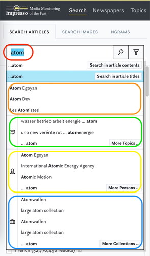 Figure 1. Search pill with suggestions for the keyword “atom” (blue) including entity mentions (orange), topics (green) linked named entities (yellow), user-created collections (blue).
