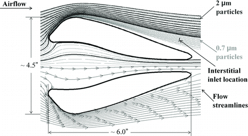 FIG. 3 The final shape of the BASE blunt body housing. Particle trajectories for 2 μm and 0.7 μm are shown on the top half of the geometry and flow streamlines are shown in the lower half. The location of the interstitial inlet is indicated with a line segment.
