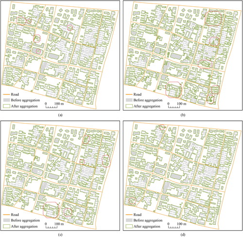 Figure 13. Comparison of polygonal building aggregation results using different methods. (a) The Esri method. (b) The Guo method. (c) The Li method. (d) Our proposed method.