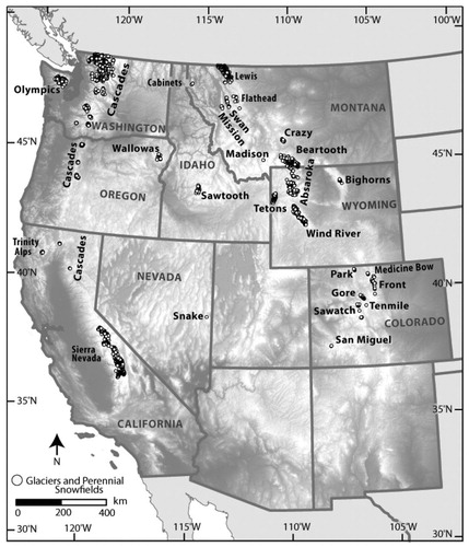 FIGURE 2. Distribution of G&PS in the American West (circles) with names of glacier-populated mountin ranges.