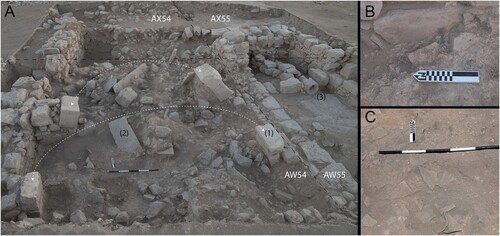 Figure 2. The collapsed room in Field S in 2013. Unit boundaries have been superimposed on their approximate locations as dashed black lines (photo credit: John E. Webley). The dashed white lines indicate hypothesized arch locations on each set of springers. The numbers indicate 1) arch springers, 2) fallen paving stones, and 3) a drain-like feature. Breakout boxes illustrate B) extensive ash and burning visible on architecture (AX55/AW54) and C) large quantities of pottery, especially storage vessels, recovered from the southern portion of Unit AW54 between A:2 and A:1.