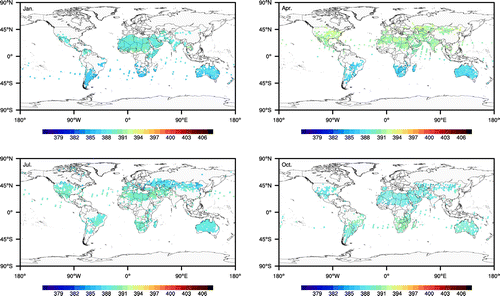 Figure 2. Monthly distributions of Tan-Tracker assimilated data () at GOSAT satellite geographic coordinates over January, April, July, and October 2010.