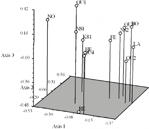 FIGURE 3. Three-dimensional plot of the principal coordinate (PCO) analysis of distance among 13 raspberry genotypes based on ISSR coefficient-derived Jaccard's similarity matrix.