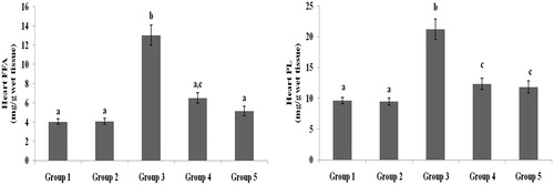 Figure 8. Effect of galangin on abnormal changes in heart free fatty acid and phospholipid levels in rats with STZ-induced hyperglycaemia. Data are presented as mean of six rats per group ± S.E. Groups 1 and 2 are not significantly different from each other (a, a; p < 0.05). Groups 4 and 5 are significantly different from Group 3 (b vs. ac, a, c; p < 0.05). Group 1: healthy control rats; Group 2: healthy control +8 mg galangin; Group 3: diabetic control; Group 4: diabetic +8 mg galangin; Group 5: diabetic +600 µg glibenclamide.