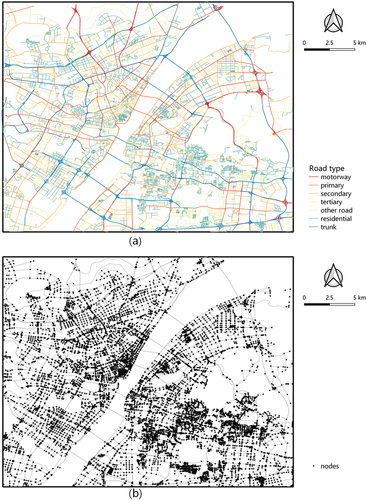 Figure 4. Data schema of the road network in the study area. (a) road segments and (b) road nodes.