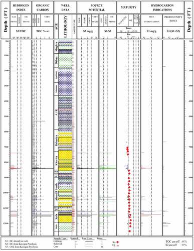 Figure 10. The Geochemical log plotted from the Rock-Eval Pyrolysis analysis of the well El-Noor-1, showing the TOC richness and maturity.