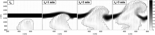 Fig. 13. Time sequence of four successive vertical cross-sections centred on the upper part of a growing cloud, with a 1-min frequency, starting to = 7.5 min after the initiation of the cloud. Arrows indicate wind in the cross-section. The contour delineates the cloud, defined as the area where the liquid water mixing ratio rc is lower than 0.01 g kg−1. The shading indicates the mixing ratio of a tracer rt introduced at the time of the first snapshot uniformly in a layer extending from 1100 to 1200 m at a 1 g kg−1 concentration; Starting at t = to + 1 min (b), the cloudy air penetrates and deforms this layer, and transports the tracers upwards, mainly on the edges of the cloud – adapted from Zhao and Austin (Citation2005), © Copyright 2005 AMS.