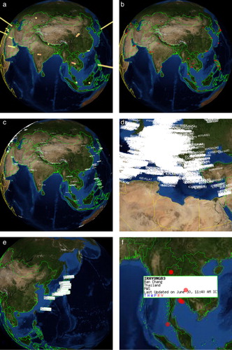 Figure 7. Visualization of sensor resource on a Web-based virtual globe: (a) statistical bar chart, (b) 3D shape template, (c) text tag rendering of sensor resource in a global view, (d) text tag rendering in a closer view, (e) 2D dynamic sprite, and (f) combination of 2D dynamic sprite and 3D shape template.