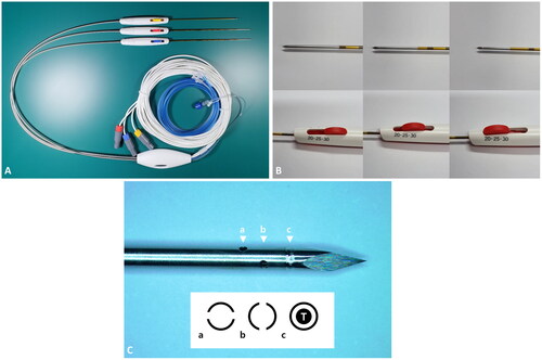 Figure 1. Octopus MP electrode system.A. Two 17-gauge internally cooled electrodes with adjustable active tip lengths at 5-mm intervals (ICAE) (electrodes with longer needle shafts) and one 19-gauge multipurpose needle (MPN) capable of temperature monitoring and adjuvant agent injection (needle with shorter shaft). B. Adjustment of the active tip length in an ICAE. C. The MPN tip with four 0.3-mm-sized side holes (arrowheads a and b) and a thermometer (arrowhead c). Below is the schematic diagram of cross sections at each corresponding arrowhead level.T: thermometer.