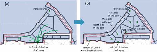 Figure 4. Changing history of monitoring points inside the 1 F port: (a) from April 2011 to May 2013 and (b) from August 2013 to July 2018. [Base map data: Website of The Geospatial Information Authority of Japan. (http://www.gsi.go.jp/ENGLISH/index.html)].