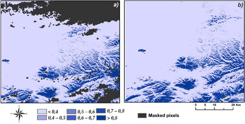 Figure 9. Zoomed view of the gap filling result: (a) cloudy masked pixels; (b) smoothed NDSI value.