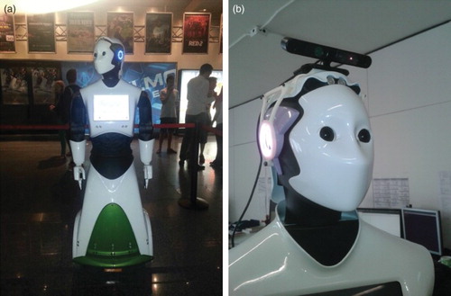 Figure 2. The robot platform REEM: (a) the REEM humanoid robot used in the experiments and (b) REEM head with Kinect sensor included.