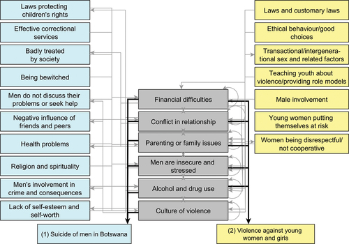 Figure 1. Combined fuzzy cognitive map of categories affecting suicide of young men and violence against young women.