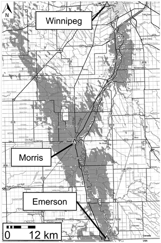 Figure 5. Land inundation in southern Manitoba based on RADARSAT imagery on 20 April 2009 (adapted from Canadian Space Agency Citation2009).