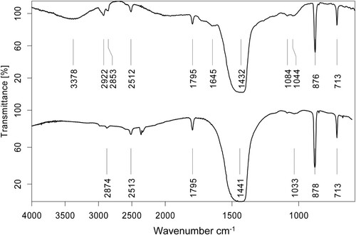 Figure 10. FTIR spectra (transmission mode): (top) yellow discoloured ground layer. Alkyl bands (2922 cm−1 and 2863 cm−1) indicate oil content, other absorptions are caused mainly by calcium carbonate and protein (1645 cm−1); (bottom) linseed oil reference.