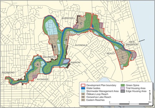 Figure 4. Ōtākaro Avon River Corridor development plan, showing edge and trial housing areas. Source: Christchurch City Council.