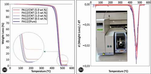 Figure 7. Thermogravimetric analysis (A) weight loss (%) to temperature (oC), (B) calculated rate of weight loss to temperature (oC).