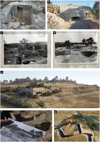 Figure 11. (a) Remains of Pillbox number 4. Archaeological excavation, 2011 (Photo Didpatri UB). (b) Pillbox number 4. Rebuilt by “lo Riu”—Didpatri (Photo Didpatri UB). (c) Pillbox number 4. Rear accesses. At the time of the assault, the surroundings of the position were still under construction (AGMAV). (d) Pillbox number 4. Accesses from a covered trench (AGMAV). (e) Pillbox number 4. Located on the western limit of the second line. The dry-stone walls of the terraces act as anti-tank obstacles (JR. Casals—Didpatri UB). (f) Pillbox number 4. Located on the western limit of the second line (Photo Didpatri UB). (g) Pillbox number 4. 3D reconstruction (JR. Casals—Didpatri UB).