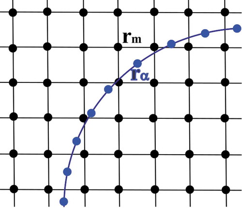 Figure 5. Schematic in 2 dimensions of the fluid mesh (black) sites rm and surface node (blue) sites rα that represent the object.